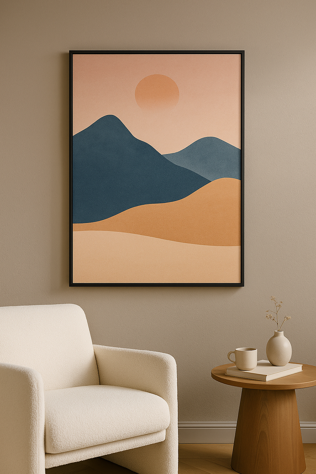Wanddecoratie met zwarte lijst in moderne woonkamer