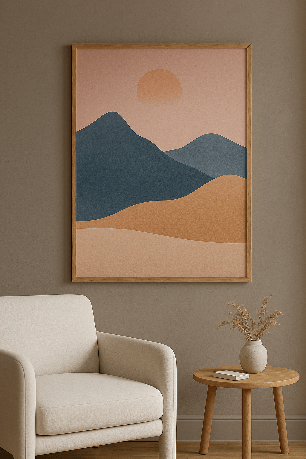 Minimalistisch Landschap in Zachte Tinten Schilderij - interieurmockup eiken lijst