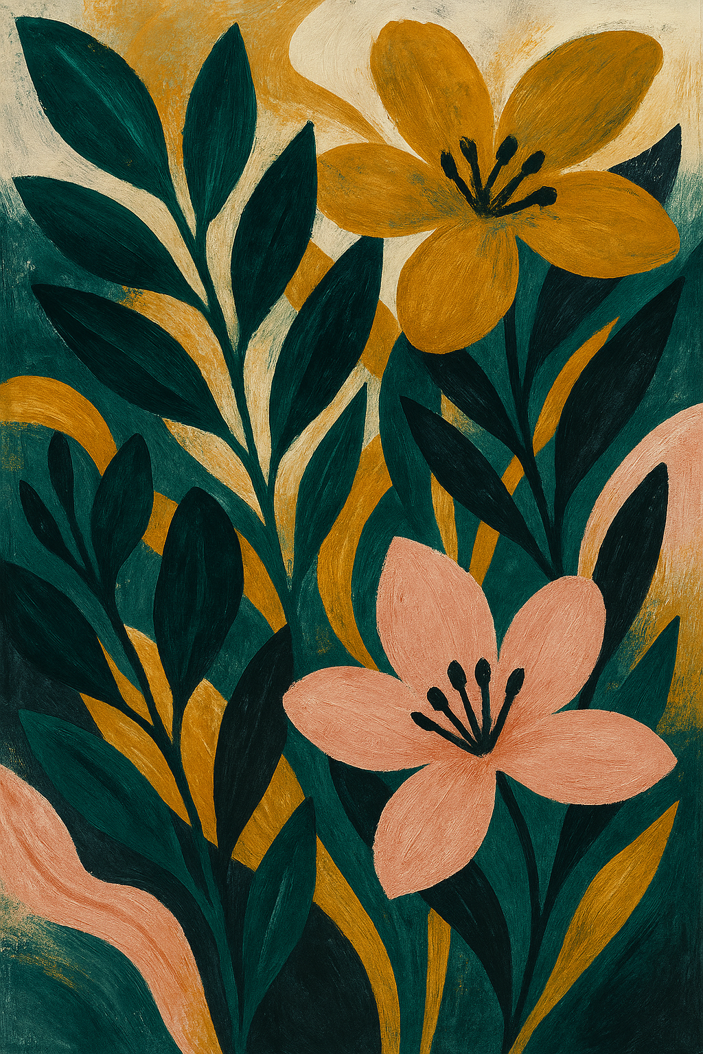 Expressieve botanische wanddecoratie in emerald en mosterd