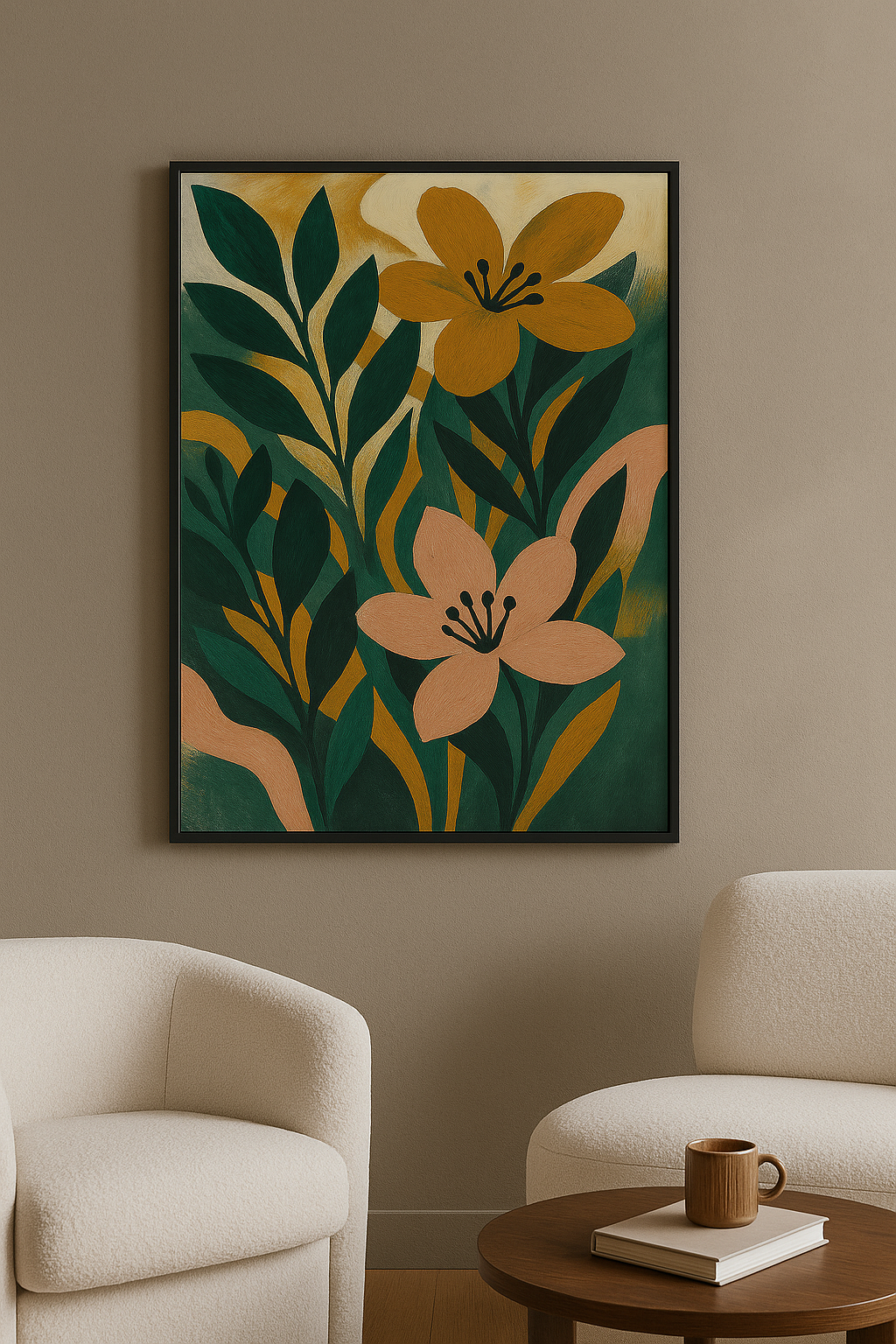Wanddecoratie met zwarte lijst in moderne woonkamer