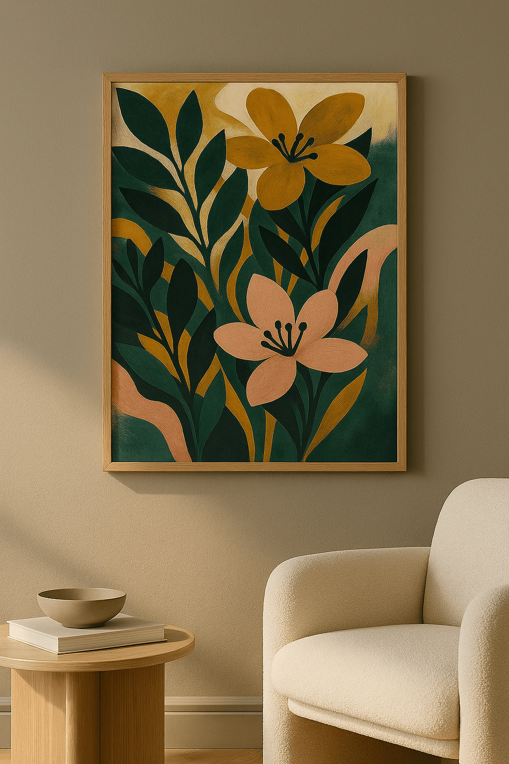 Expressief Botanisch in Smaragd en Mosterd Schilderij - interieurmockup eiken lijst