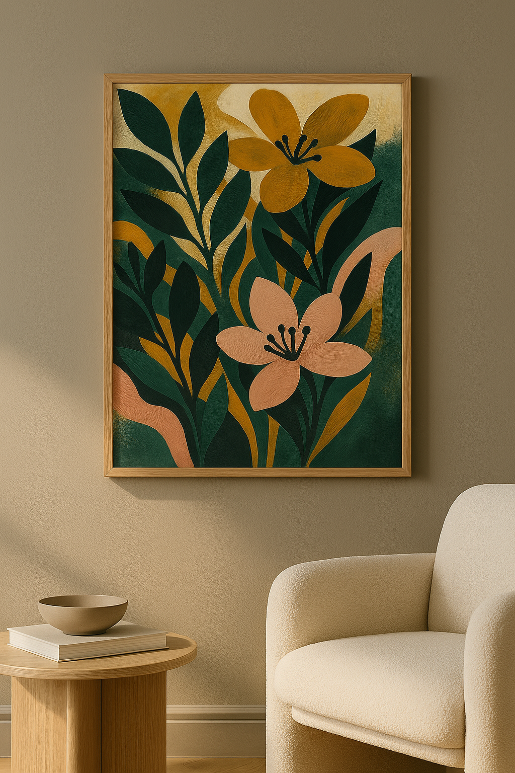 Wanddecoratie met eiken lijst in moderne woonkamer