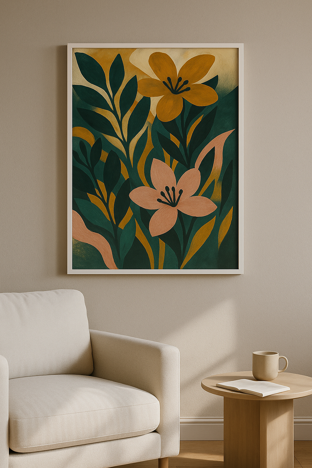 Wanddecoratie met witte lijst in moderne woonkamer