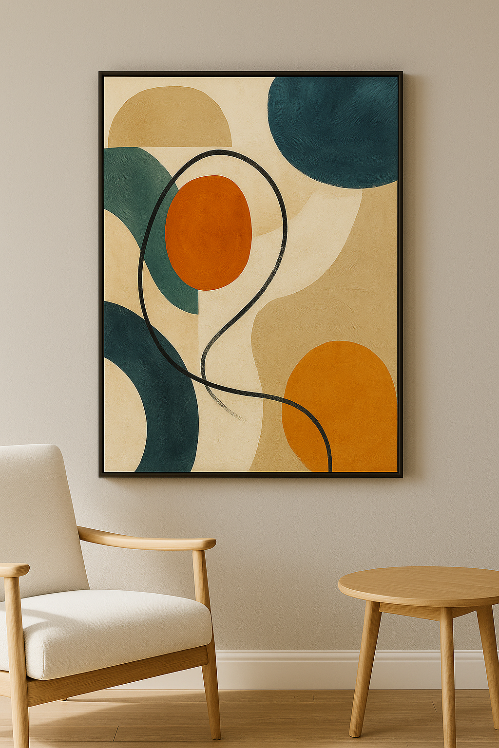 Mid-century wanddecoratie in interieur, zwarte lijst