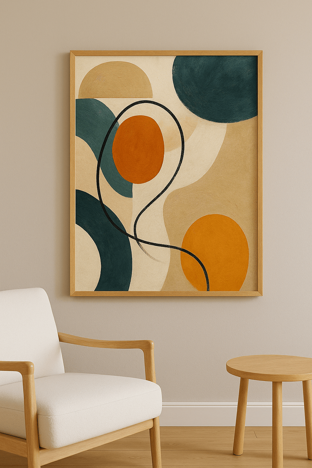 Mid-century wanddecoratie in interieur, eikenhouten lijst