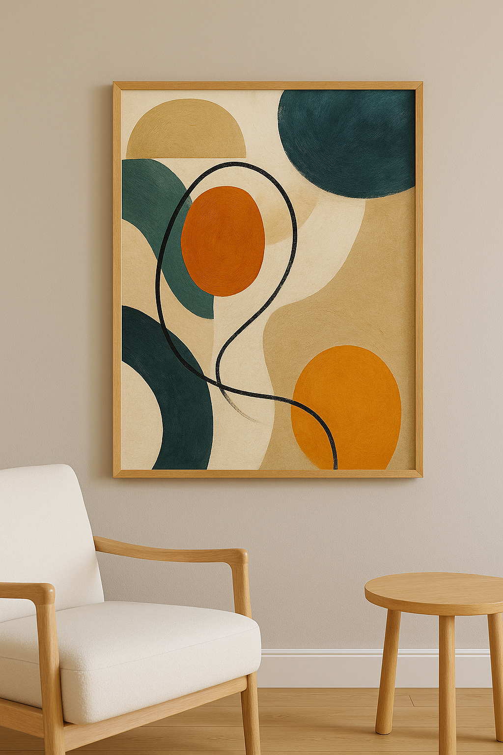 Mid-century wanddecoratie in interieur, eikenhouten lijst