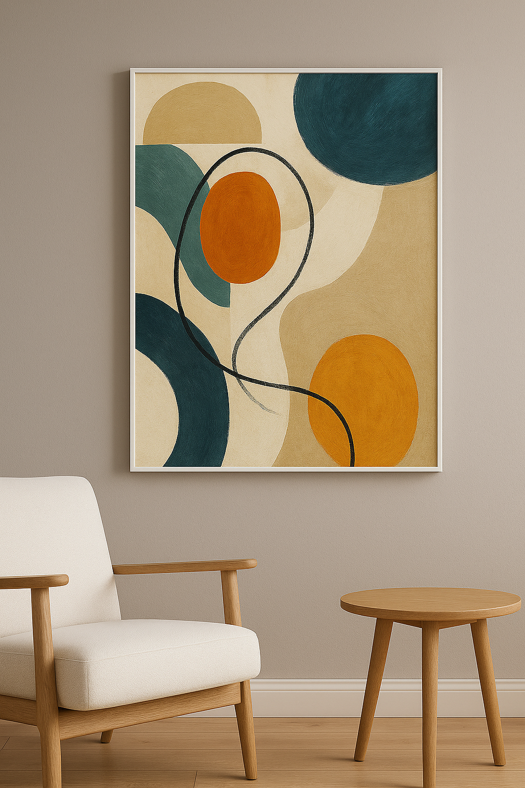 Mid-century wanddecoratie in interieur, witte lijst
