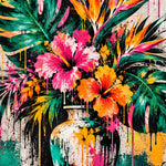 Tropisch Boeket Streetart: een vaas vol hibiscus, paradijsvogelbloemen en grote groene bladeren staat tegen een stadsmuur