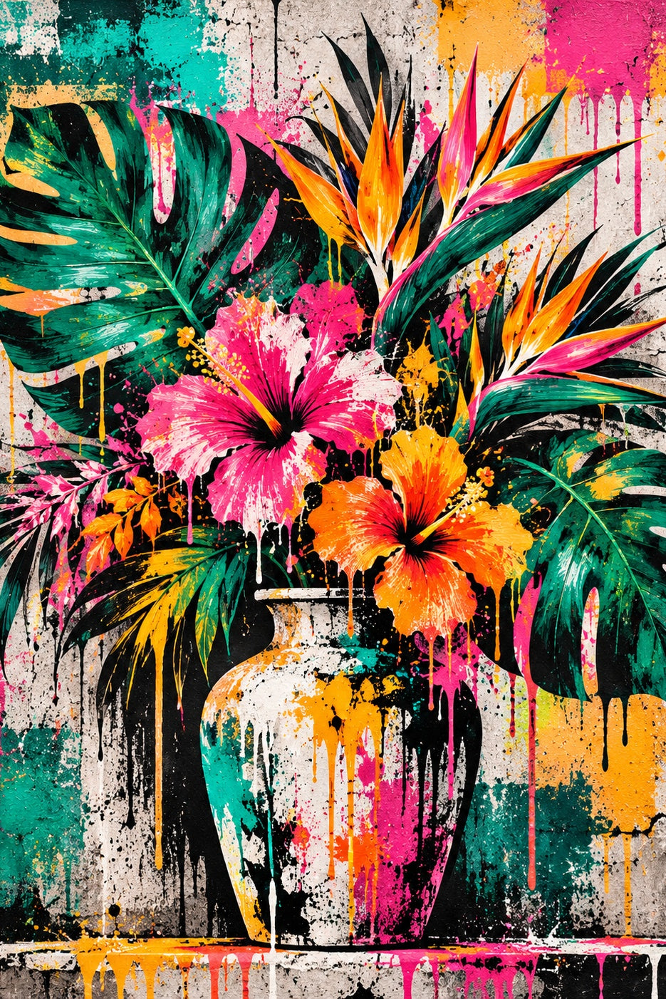 Tropisch Boeket Streetart: een vaas vol hibiscus, paradijsvogelbloemen en grote groene bladeren staat tegen een stadsmuur