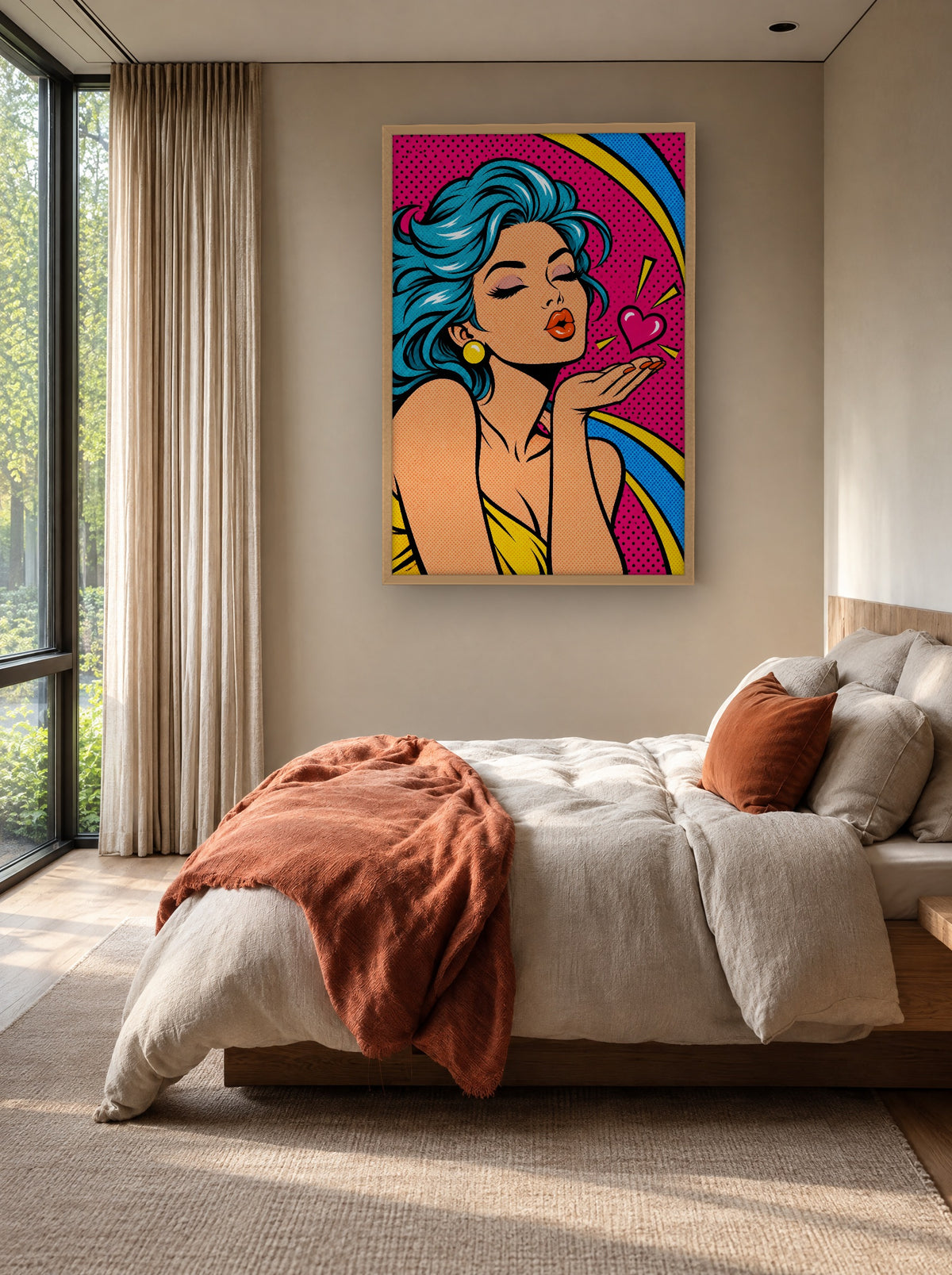 Turquoise Kus Popart met natuur houten lijst aan de muur