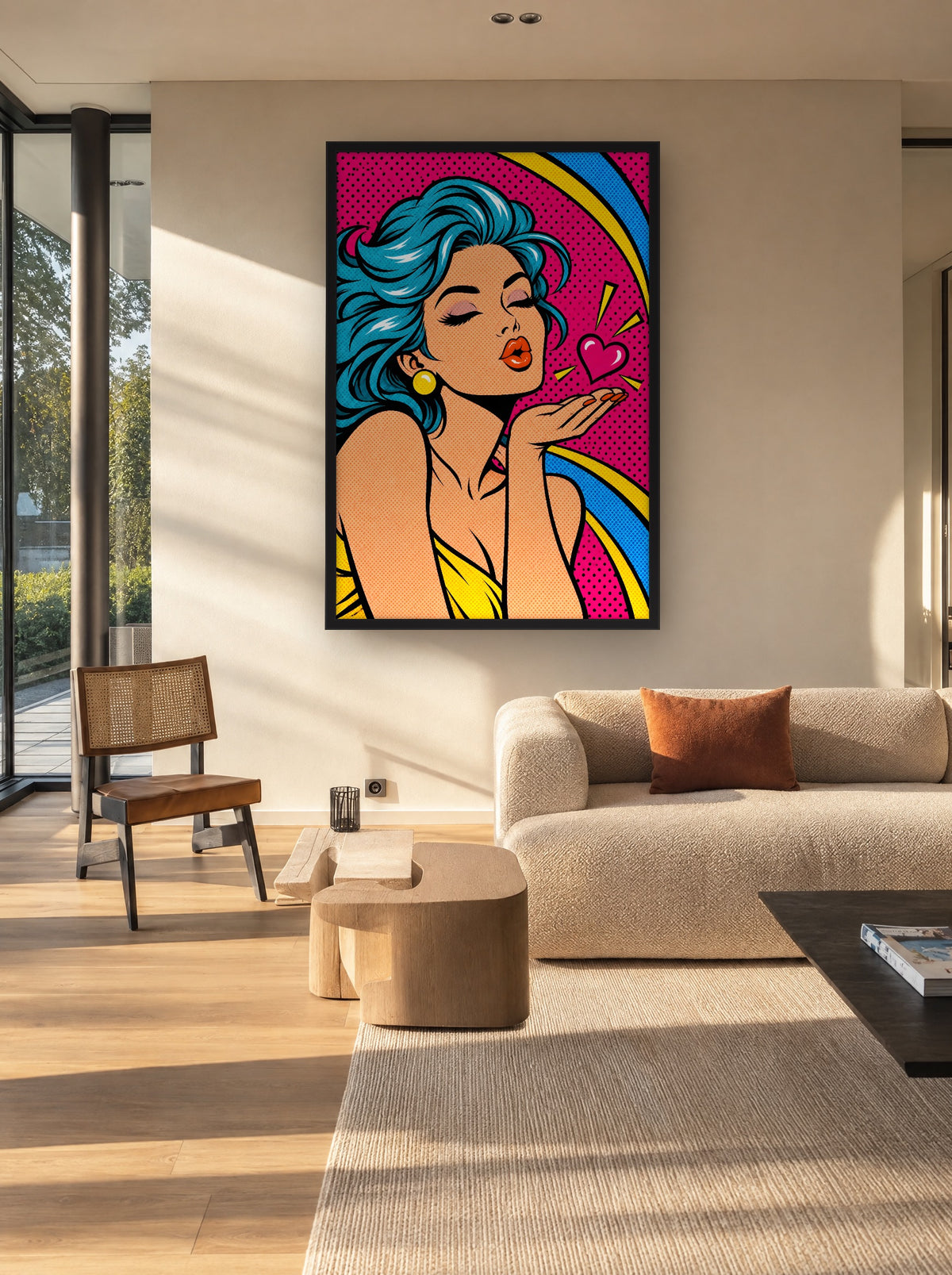 Turquoise Kus Popart met zwarte lijst aan de muur