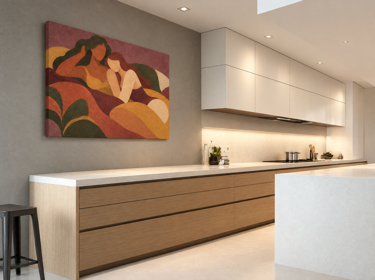 Twee Vrouwen in Aardse Vormen als canvas zonder lijst aan de muur