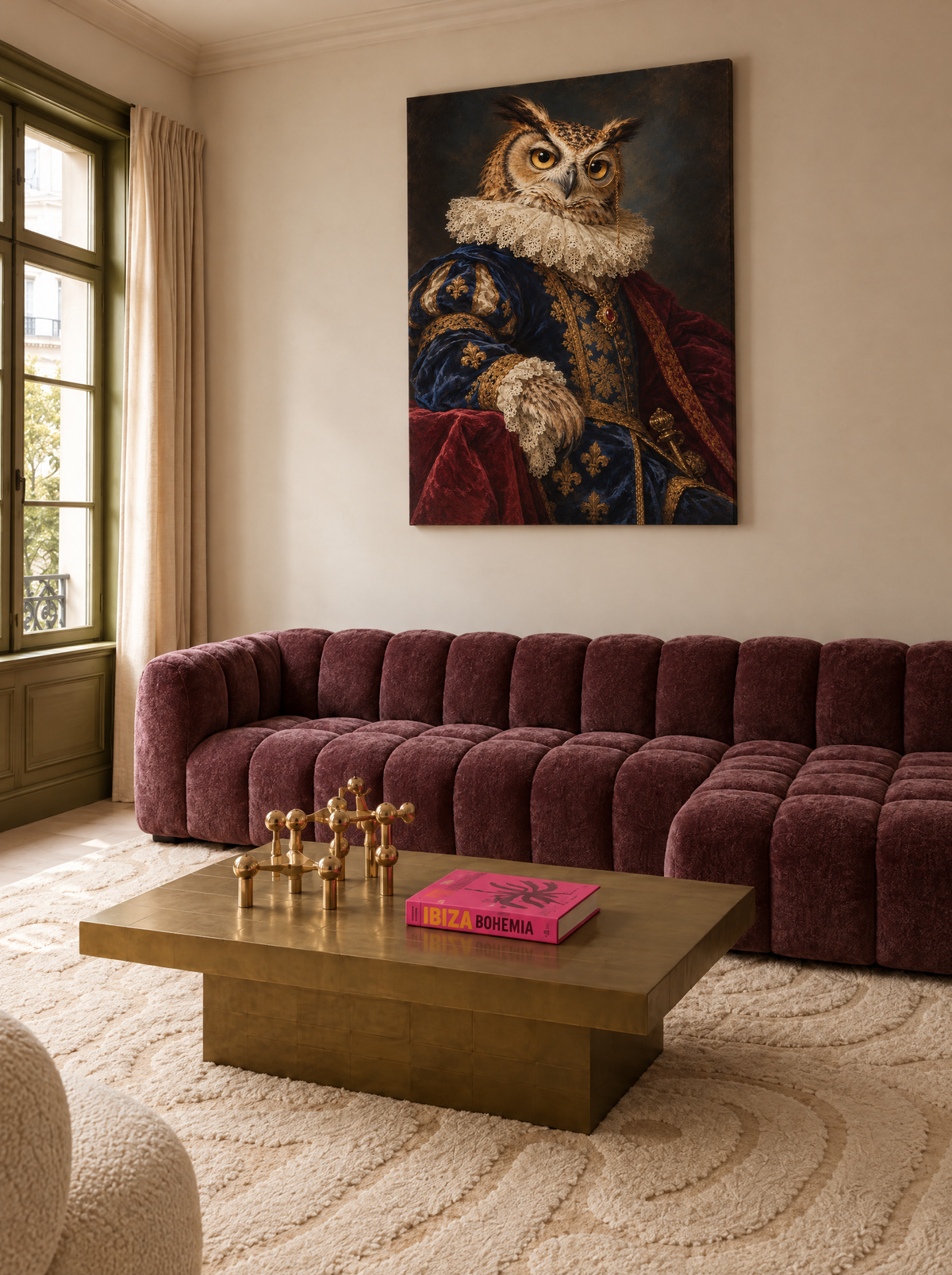 Uil in Edelmanskostuum als canvas zonder lijst aan de muur