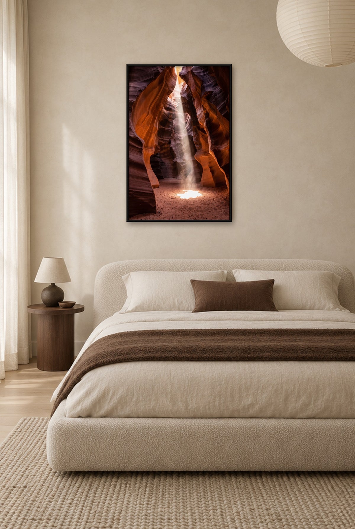 Upper Antelope Canyon Zonnestraal Wandbild mit schwarzem Rahmen an der Wand im Schlafzimmer