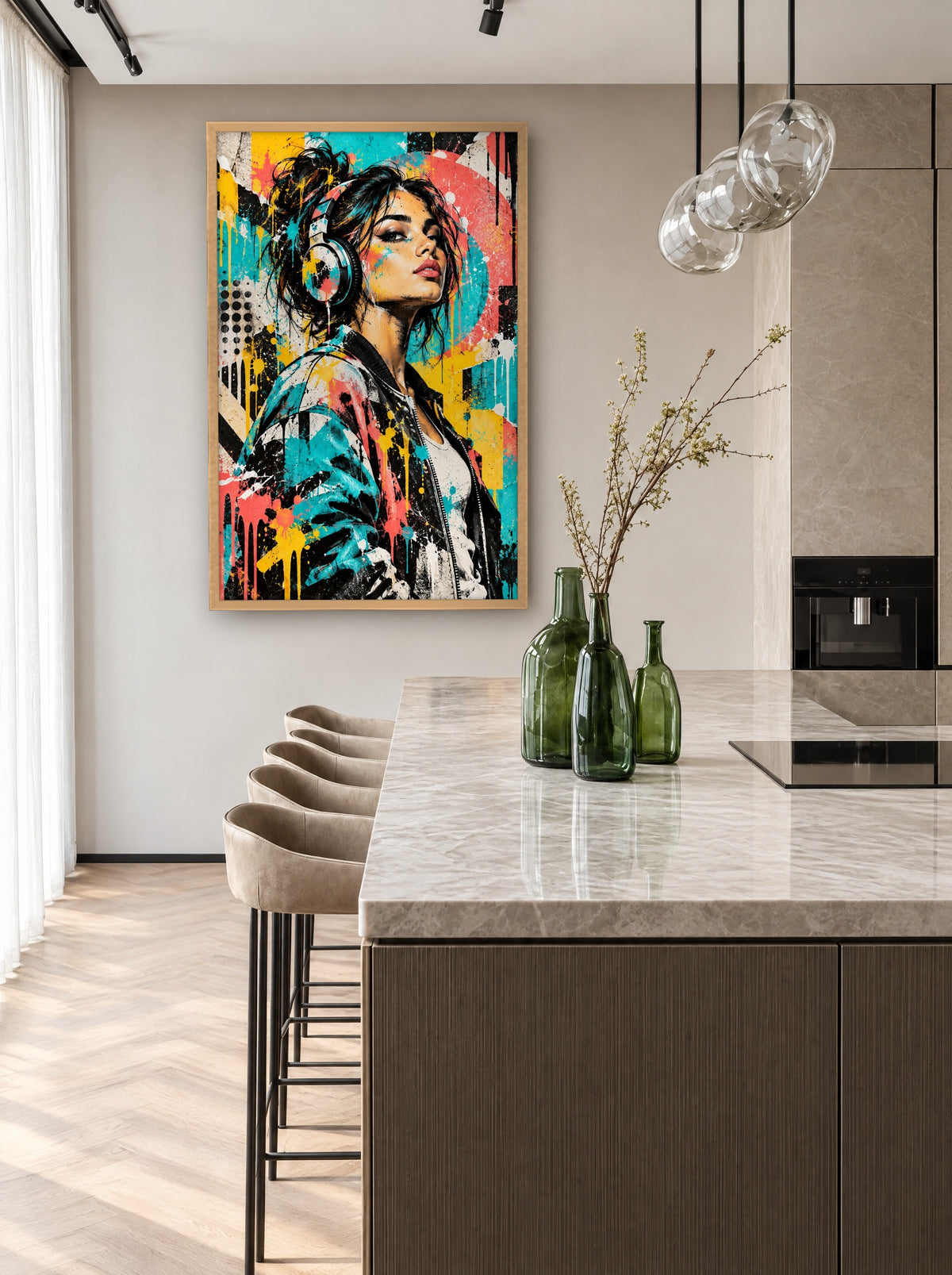 Urban Muse met Koptelefoon met natuur houten lijst aan de muur