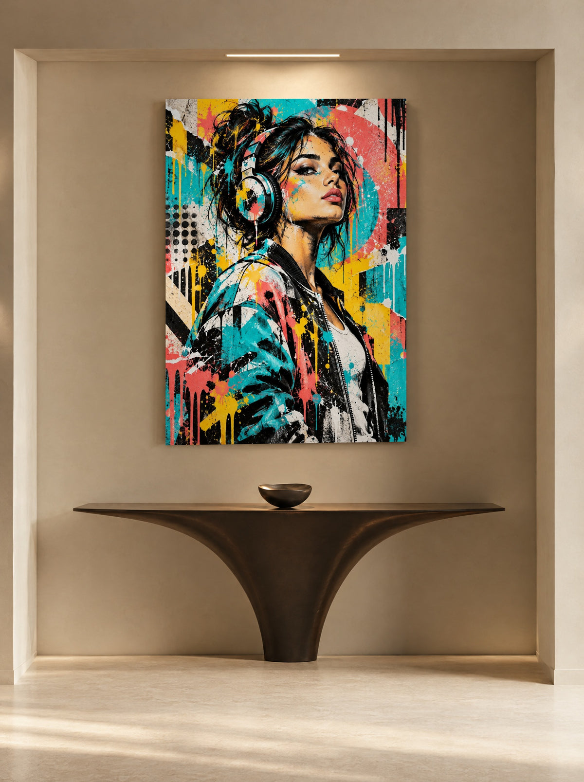 Urban Muse met Koptelefoon als canvas zonder lijst aan de muur