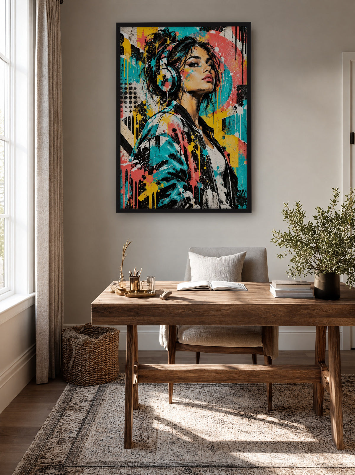 Urban Muse met Koptelefoon met zwarte lijst aan de muur