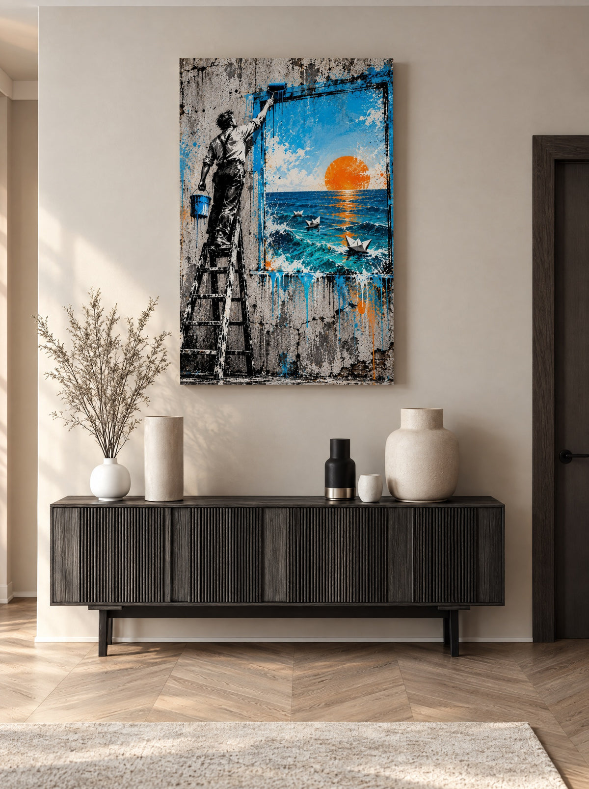 Venster naar Zee Streetart als canvas zonder lijst aan de muur