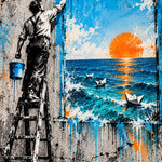 Venster naar Zee Streetart: een schilder op een ladder verft een raam in de muur, met daarachter een blauwe zee en een oranje zon