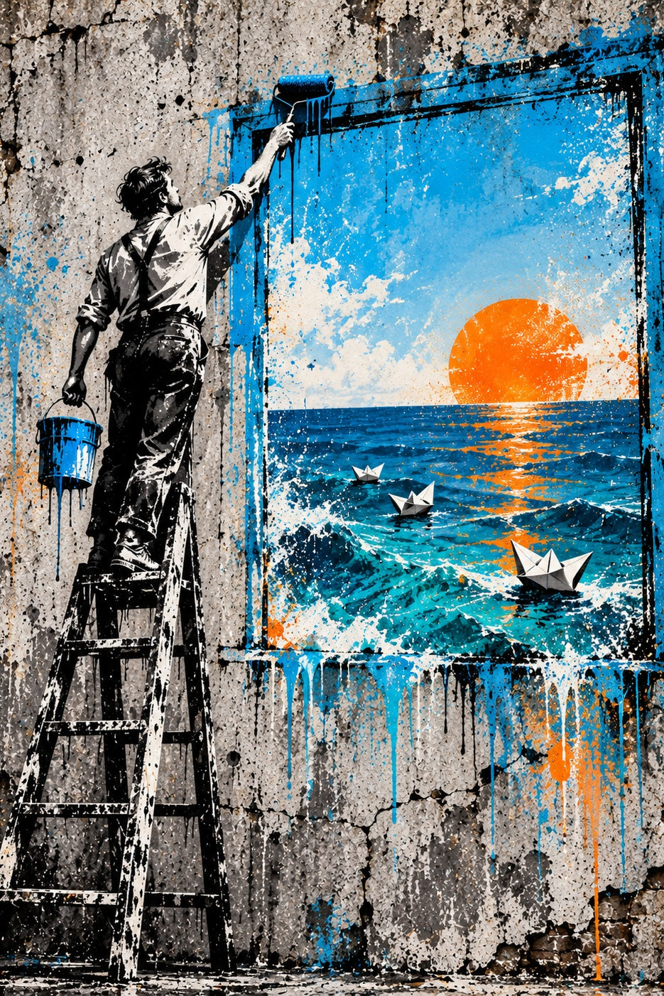 Venster naar Zee Streetart: een schilder op een ladder verft een raam in de muur, met daarachter een blauwe zee en een oranje zon