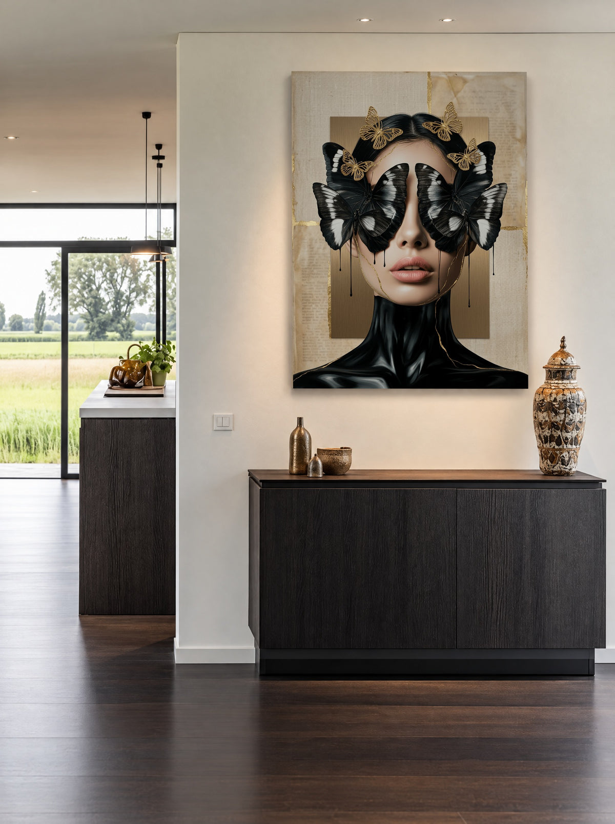 Verborgen Schoonheid in Zwart en Goud als canvas zonder lijst aan de muur