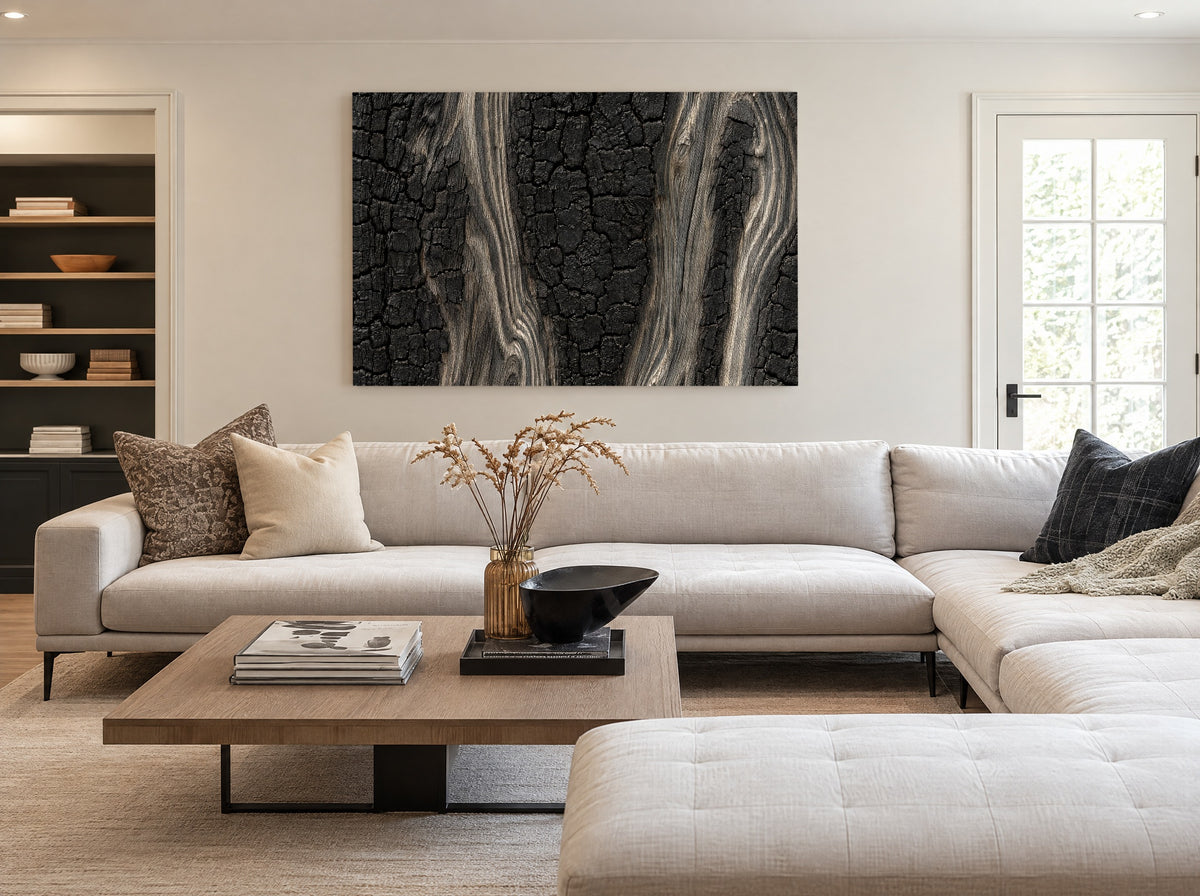 Verkoold Hout met Zilvergrijze Nerf als canvas zonder lijst aan de muur