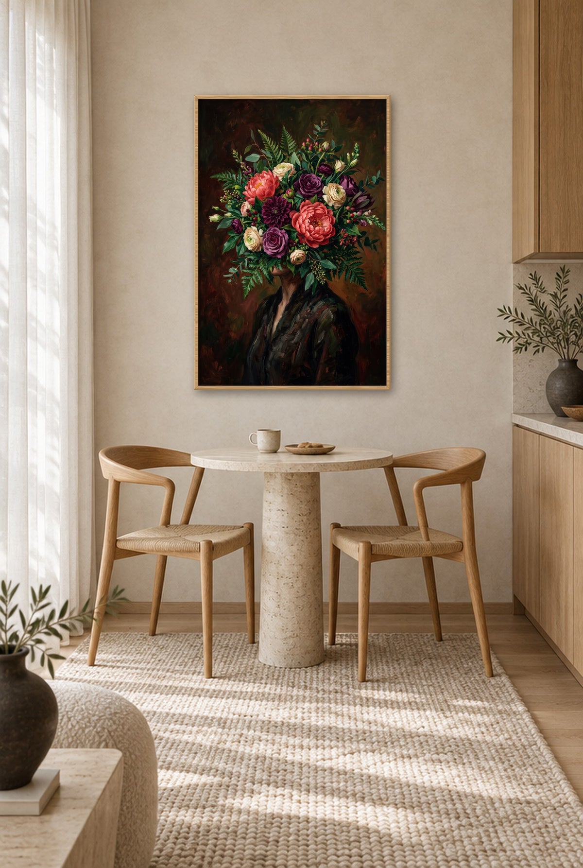 Verscholen in Bloei Wandbild mit Naturholzrahmen an der Wand in der Küche
