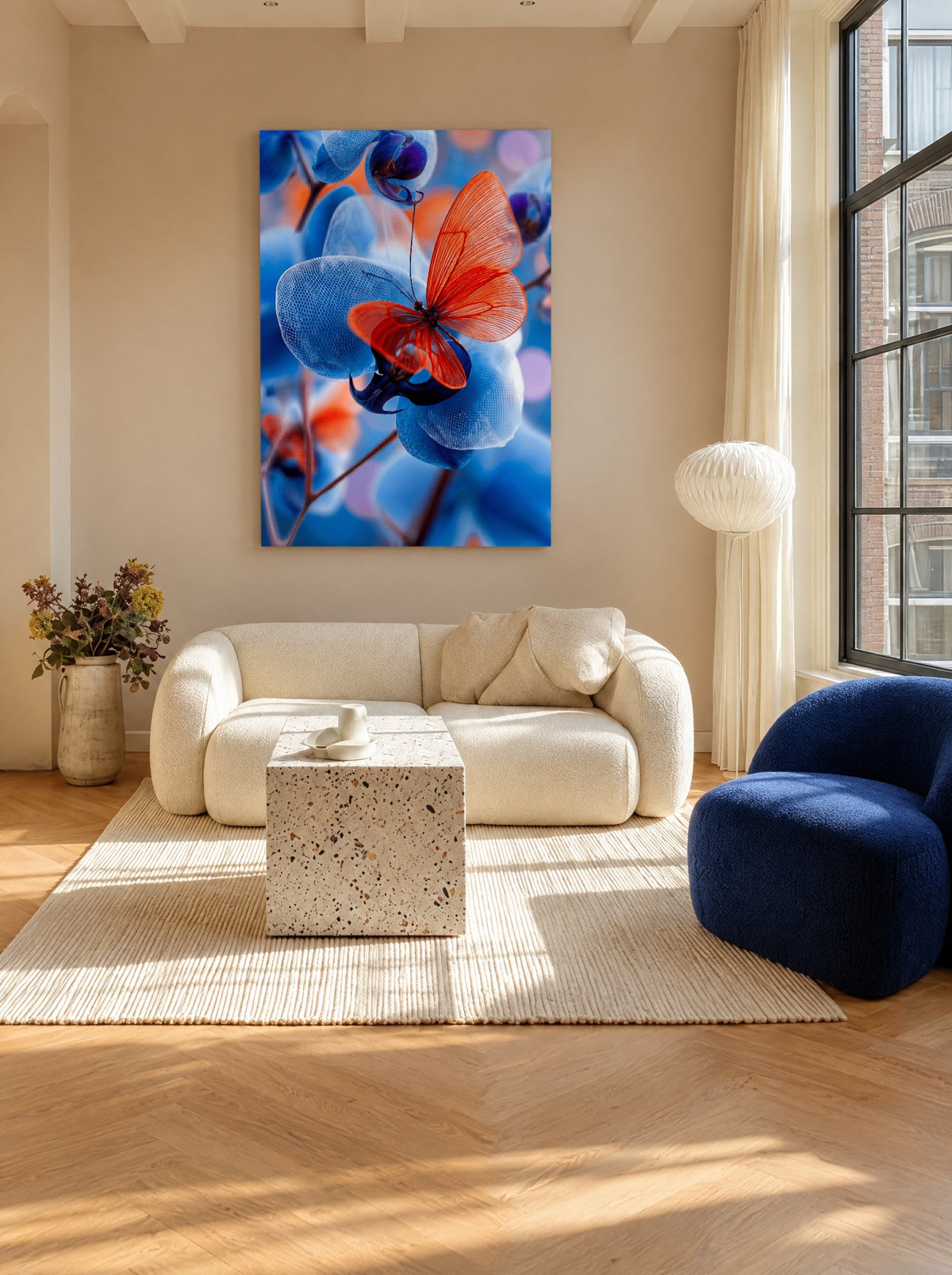 Vlinderlicht op Blauwe Orchidee als canvas zonder lijst aan de muur