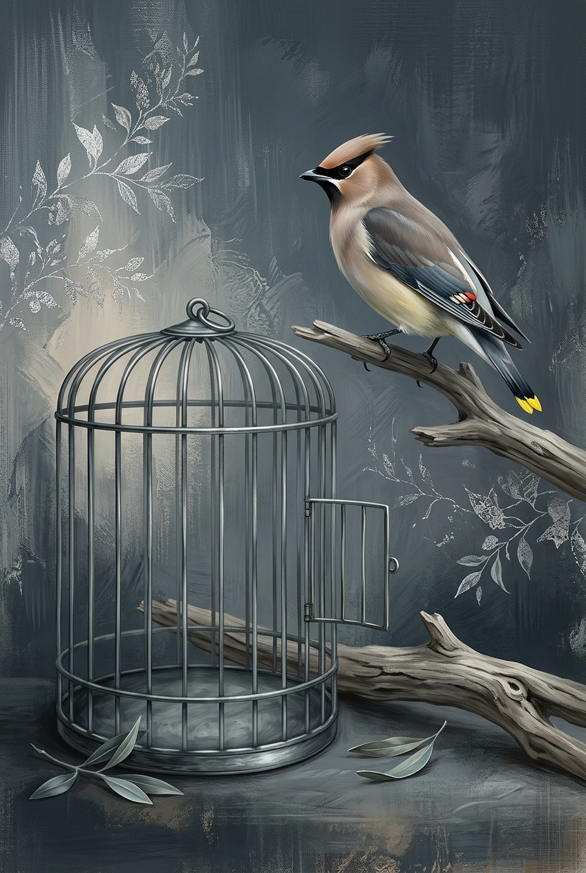 Vogel op tak naast open kooi tegen donkere sfeervolle achtergrond