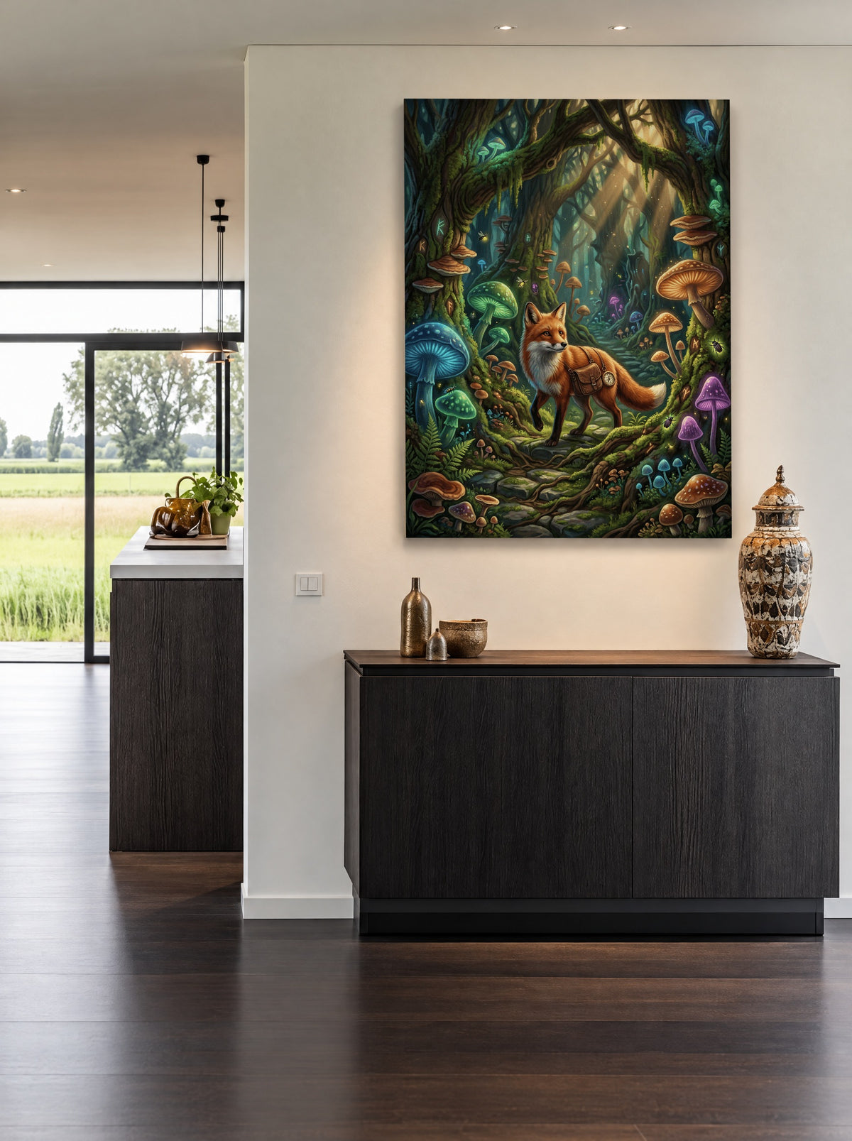 Vos met Tijdtas in het Fluisterbos als canvas zonder lijst aan de muur