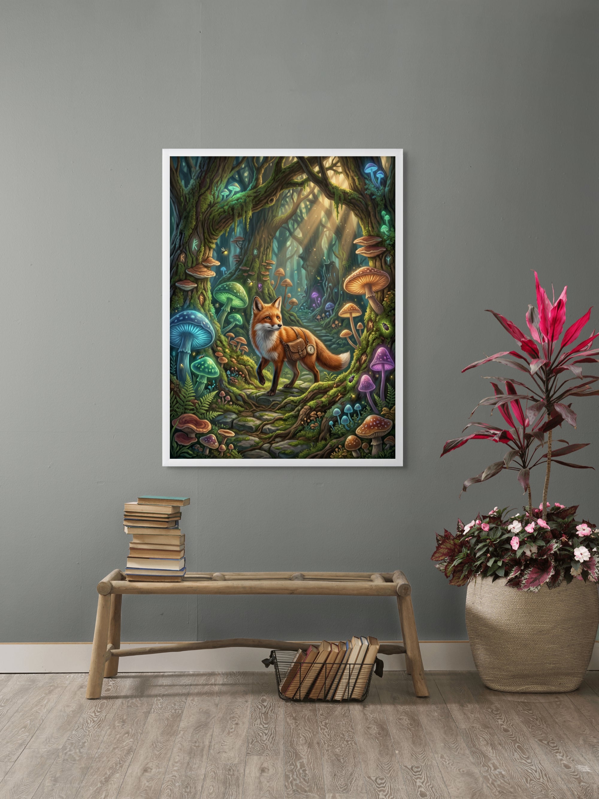 Vos met Tijdtas in het Fluisterbos Wanddecoratie – Fantasie Dieren Canvas Print