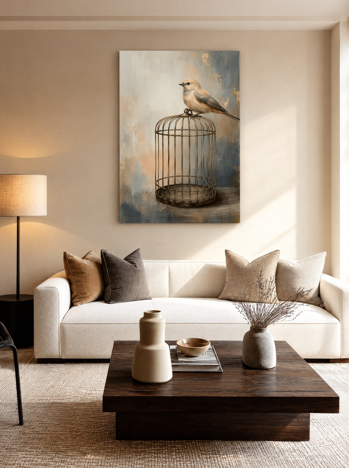 Vrije Vleugels boven Stilte als canvas zonder lijst aan de muur