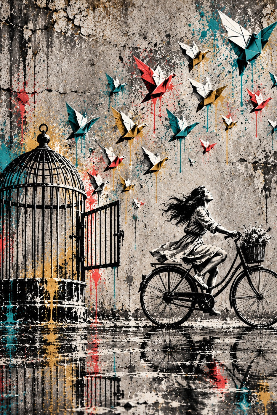 Vrijheid op de Fiets: een meisje fietst weg van een open vogelkooi, terwijl een zwerm papieren vogels in rood, turquoise en geel de lucht in vliegt