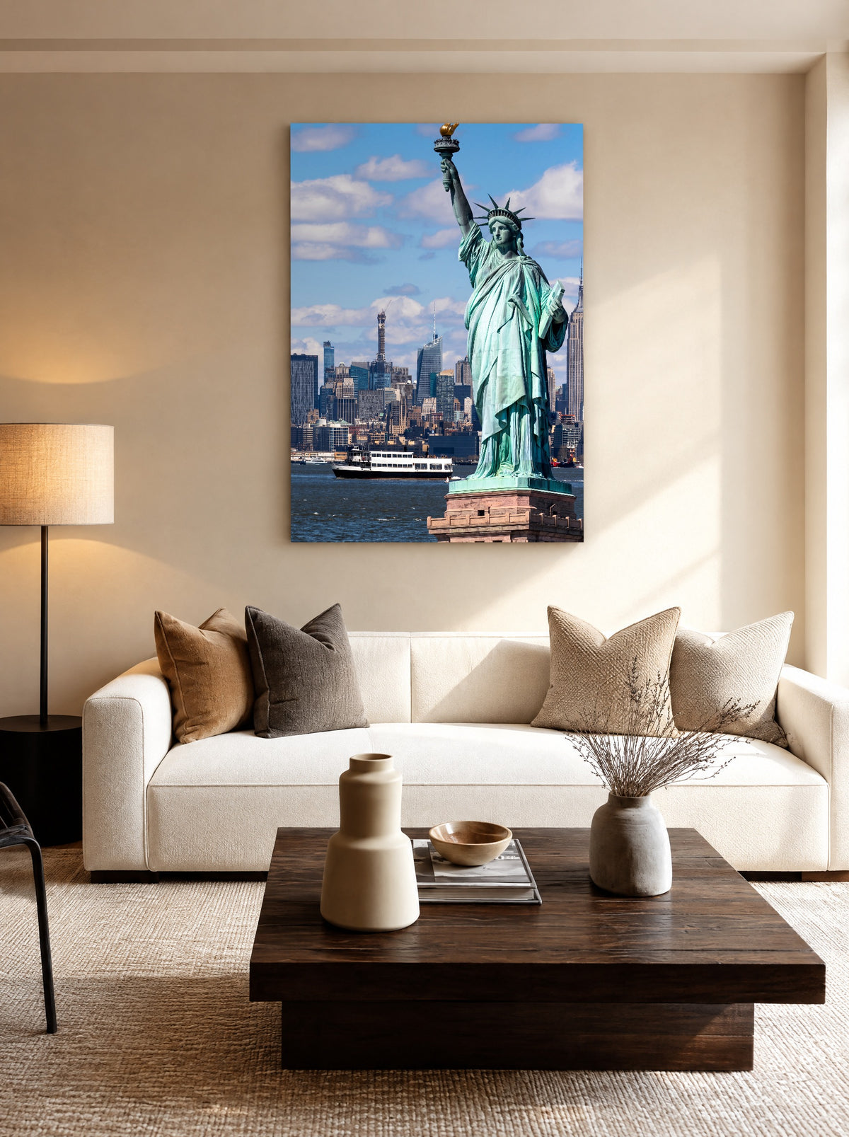 Vrijheidsbeeld met Skyline als canvas zonder lijst aan de muur