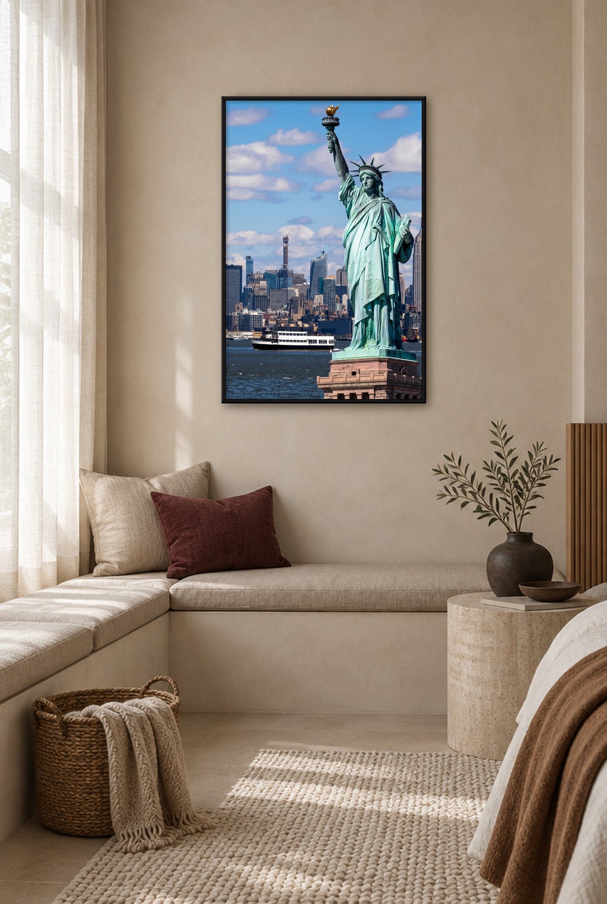 Vrijheidsbeeld met Skyline Wandbild mit schwarzem Rahmen an der Wand im Schlafzimmer