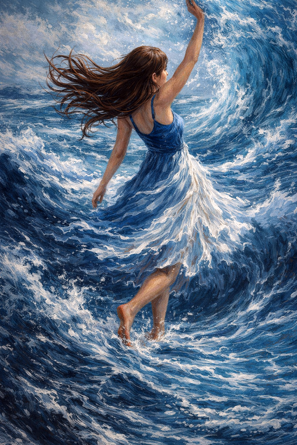 Schilderachtig beeld van een vrouw in blauwe jurk dansend tussen krachtige zeegolven