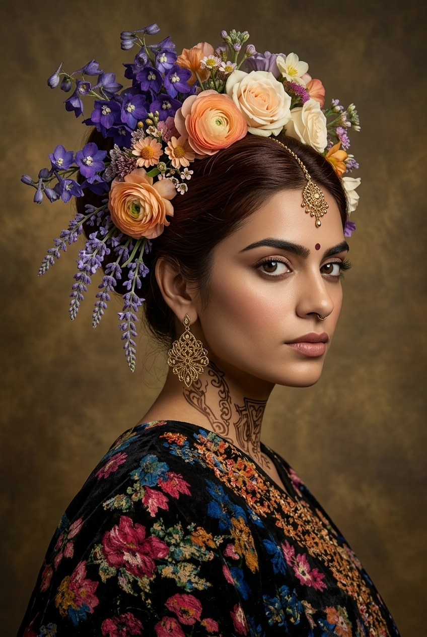 Vrouw met bloemenkroon, sieraden en kleurrijke kleding in artistiek portret