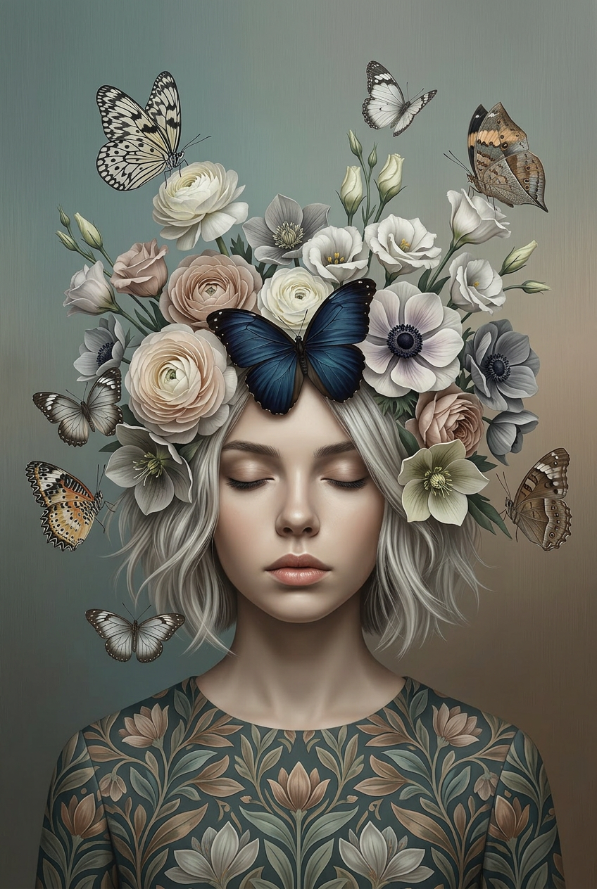 vrouw-bloemen-vlinders-zachte-botanische-wanddecoratie