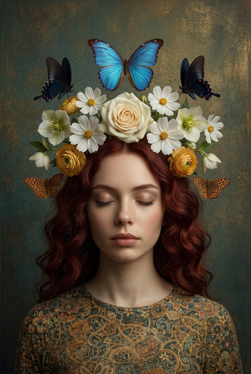 Vrouw met bloemenkroon en vlinders op serene achtergrond