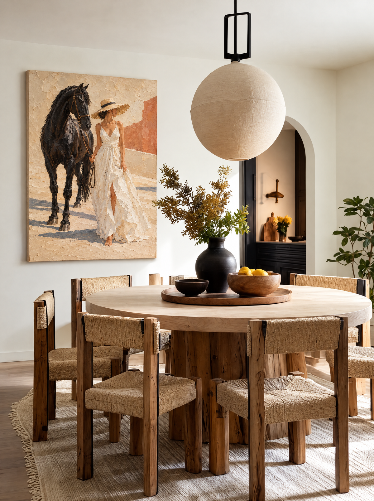 Vrouw en Zwart Paard als canvas zonder lijst aan de muur