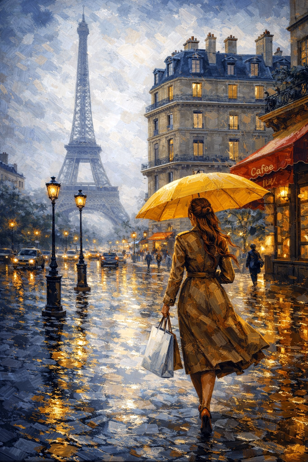 Schilderachtig beeld van een vrouw met gele paraplu in een regenachtige straat in Parijs bij de Eiffeltoren
