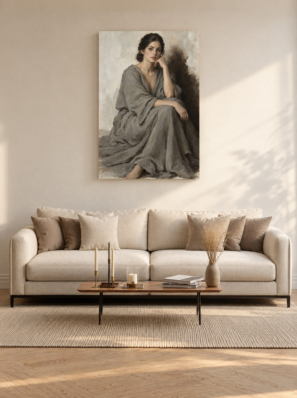 Vrouw in Grijze Doek als canvas zonder lijst aan de muur