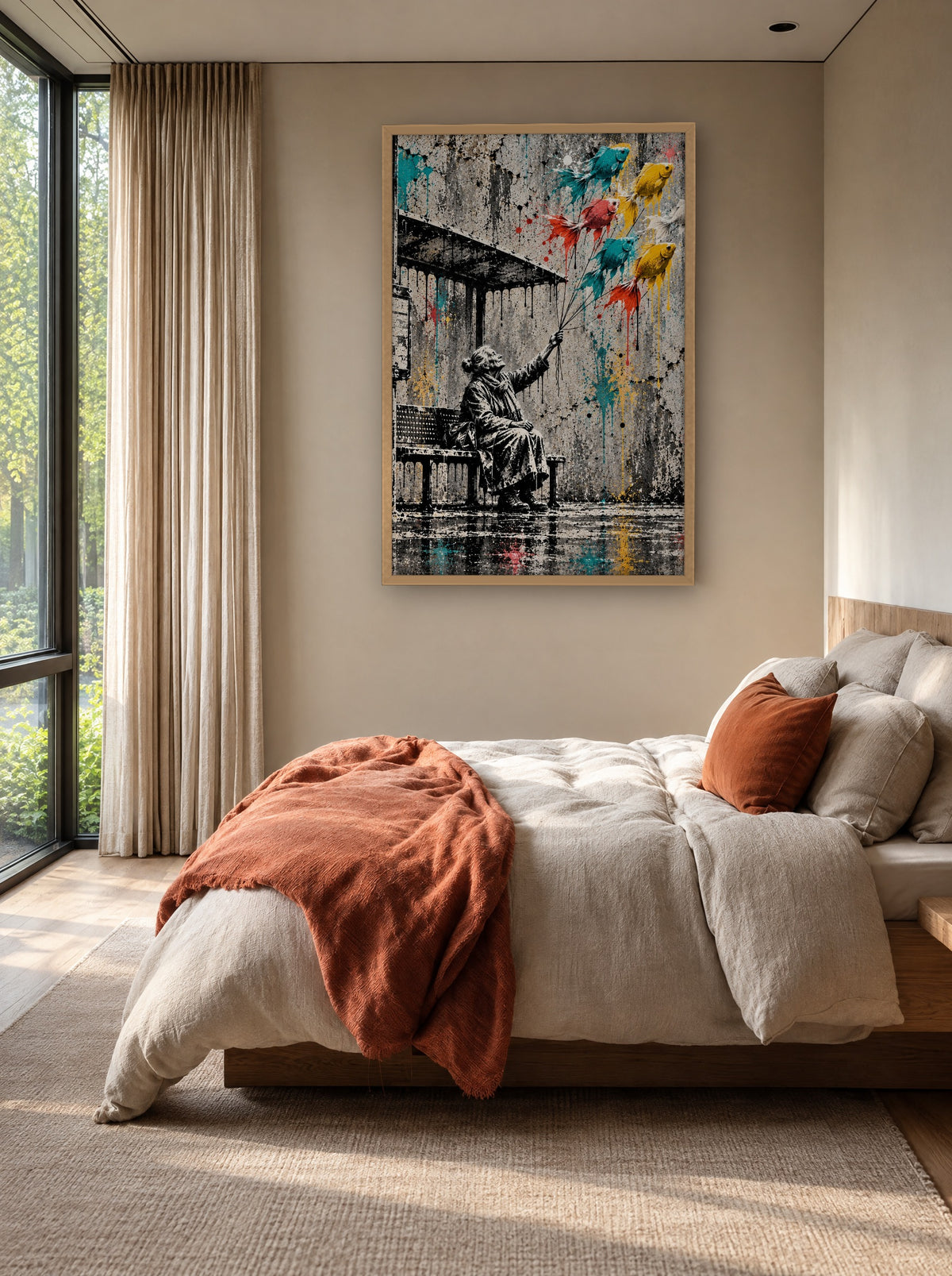 Vrouw met Kleurige Vogels met natuur houten lijst aan de muur