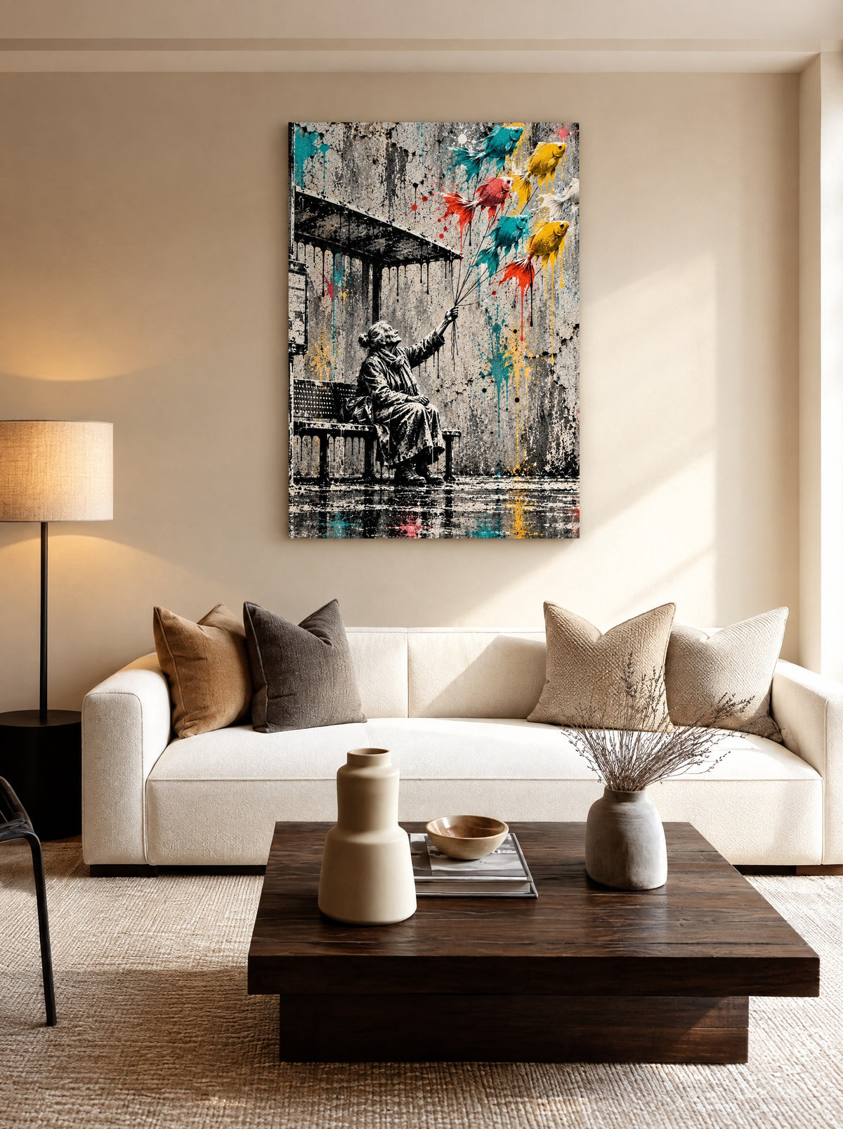 Vrouw met Kleurige Vogels als canvas zonder lijst aan de muur
