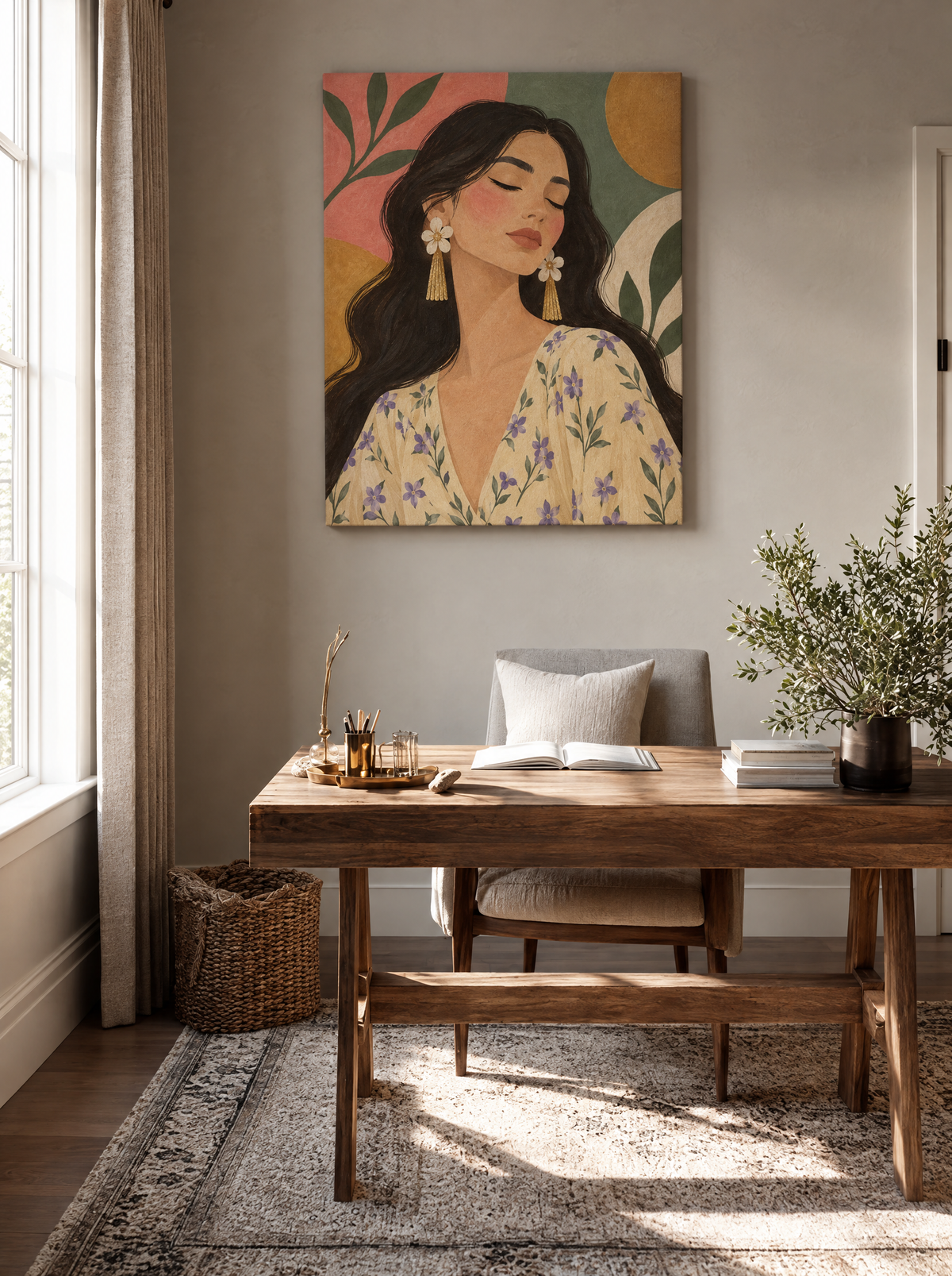 Vrouw met Bloemenoorbellen als canvas zonder lijst aan de muur