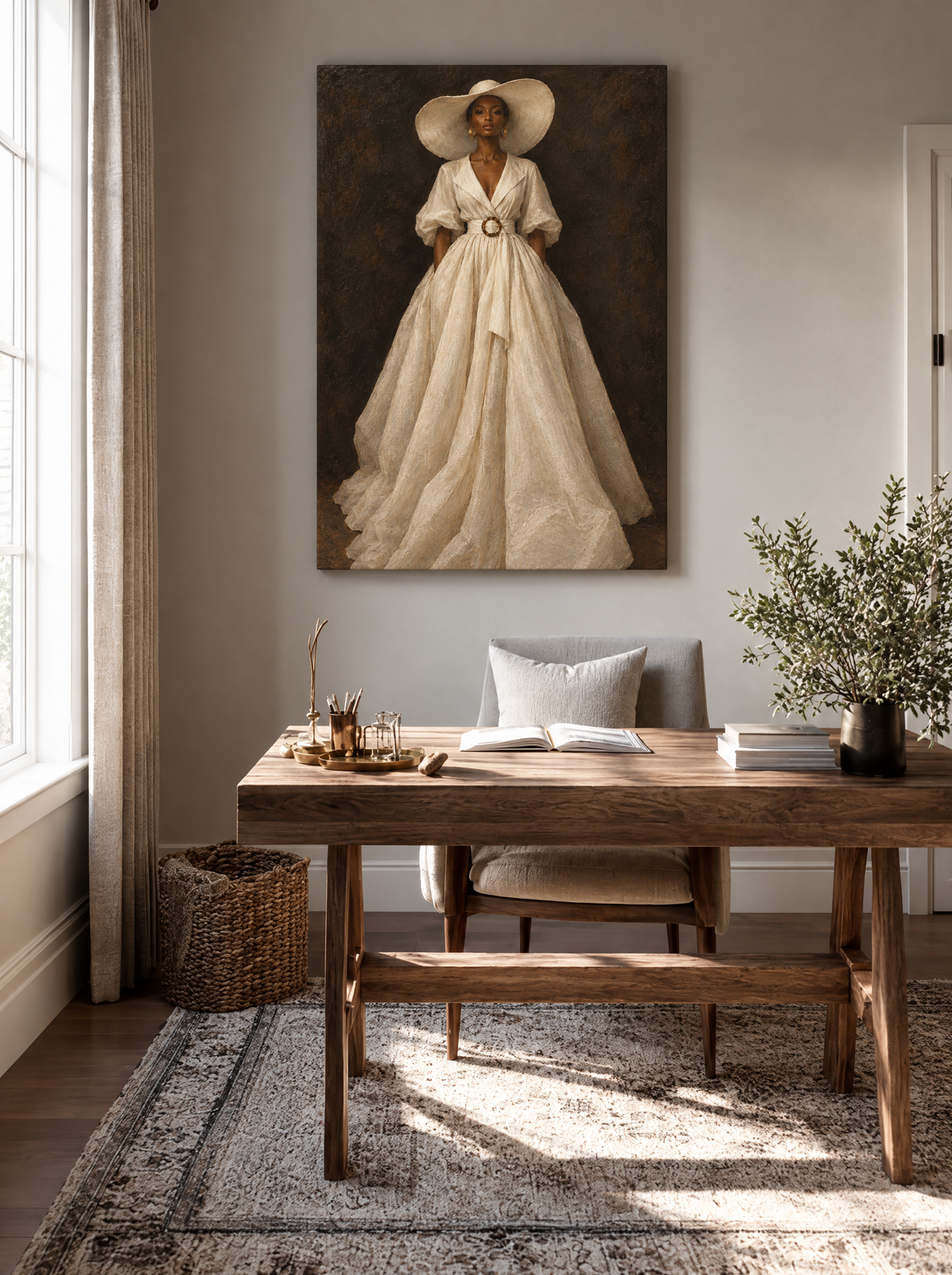 Vrouw met Brede Witte Hoed als canvas zonder lijst aan de muur