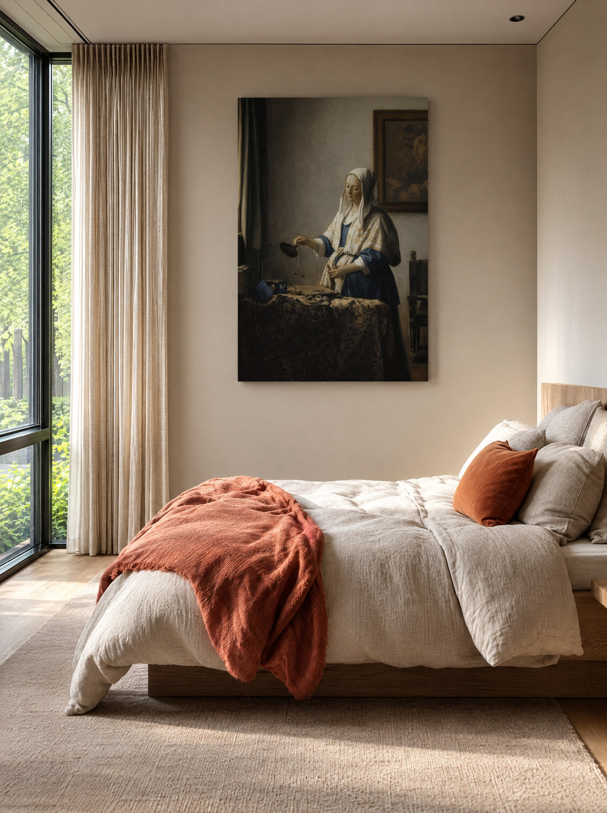 Vrouw met de Weegschaal als canvas zonder lijst aan de muur