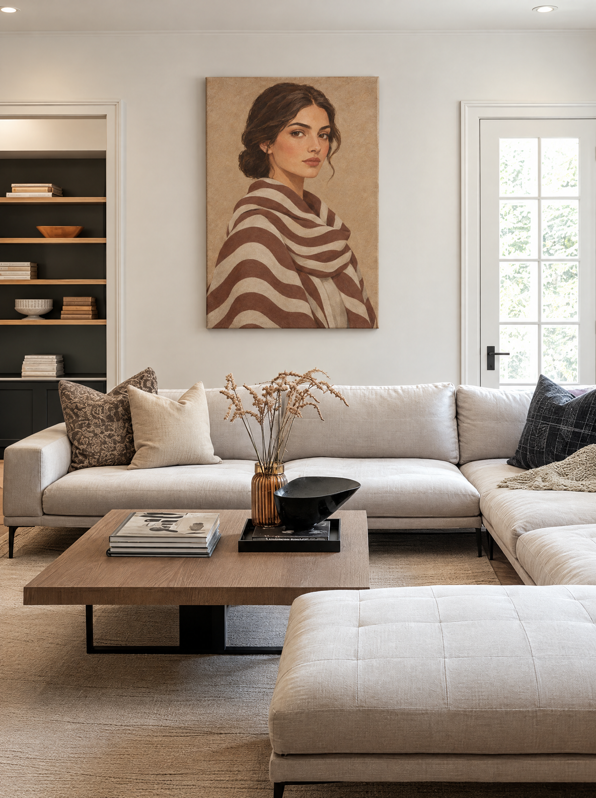 Vrouw met Gestreepte Sjaal als canvas zonder lijst aan de muur