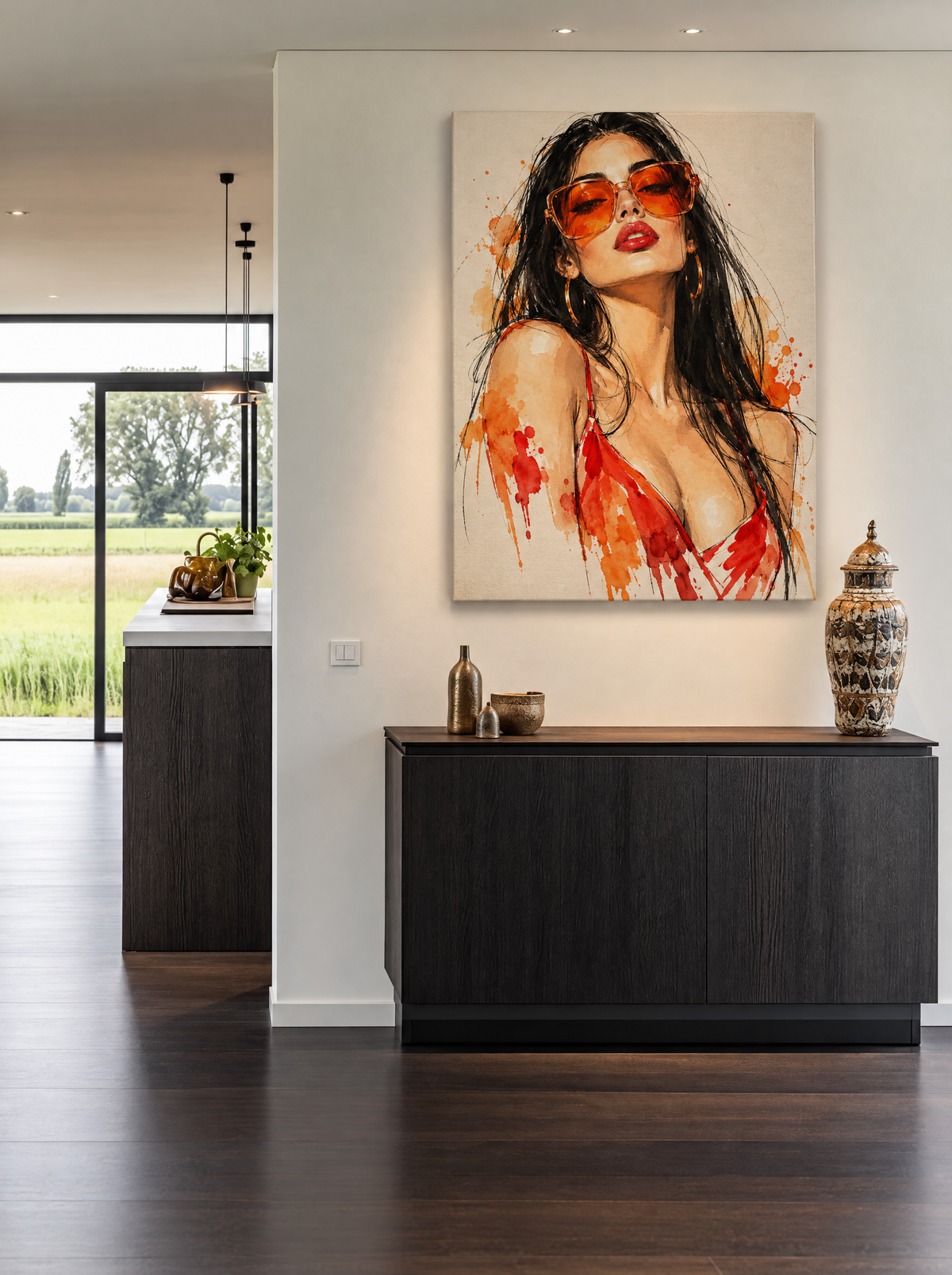 Vrouw met Oranje Zonnebril als canvas zonder lijst aan de muur