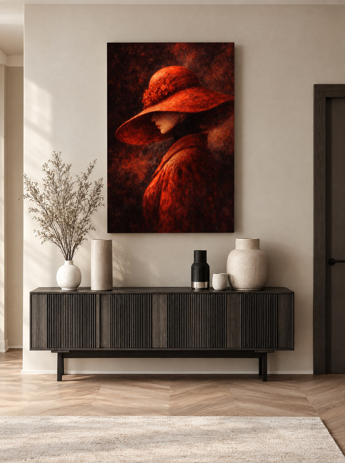 Vrouw met Rode Hoed als canvas zonder lijst aan de muur